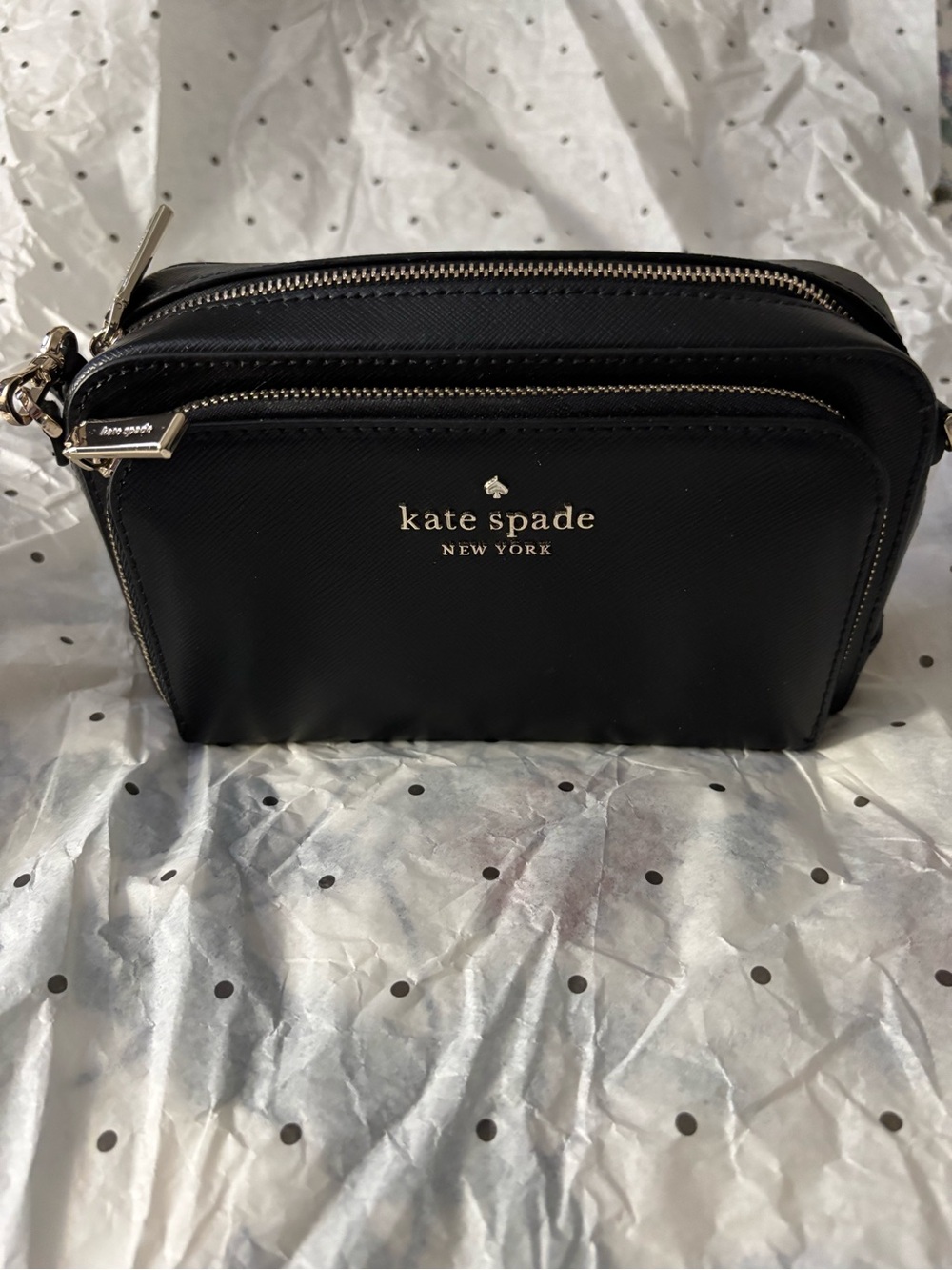 kate spade black Double-Zip Cosmetic Pouch with Gold Logo